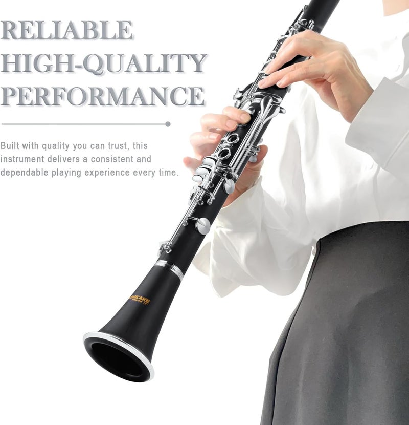 SONICAKE B Flat Clarinet for Beginner & Student, Nickel-plated Bb Ebonite Clarinet 2 Barrels, Reeds with Cleaning Kit, White Gloves and Hard Case, Black, QCR-01 - Image 4